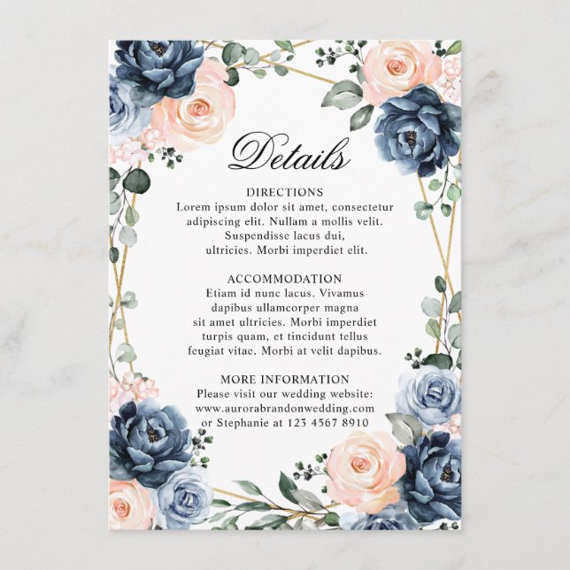 Details zur Hochzeitszeit in dunkelblauem Pfirsich Begleitkarte (Vorderseite)
