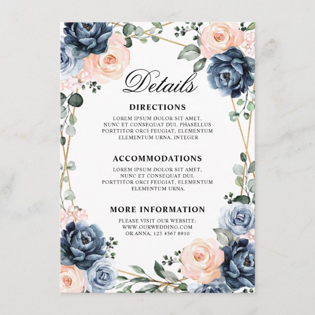 Details zur Hochzeitszeit in dunkelblauem Pfirsich Begleitkarte (Vorderseite)