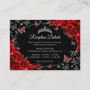Details zur Quinceanera-Empfang in Rot Schwarz Sil Begleitkarte