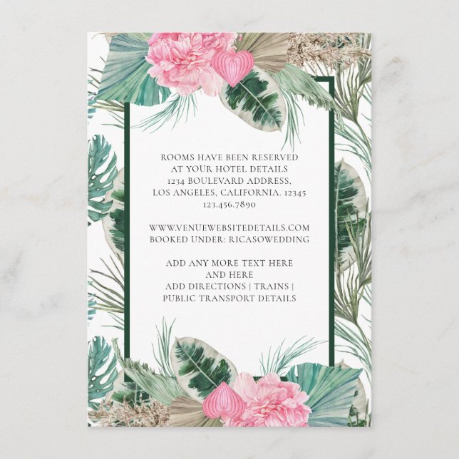 Details zur rosa Flamingo Tropical Wedding Begleitkarte (Vorderseite)