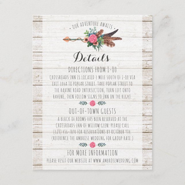 Details zur rustikalen Bohemischen Arrow-Hochzeit  Begleitkarte (Vorderseite)