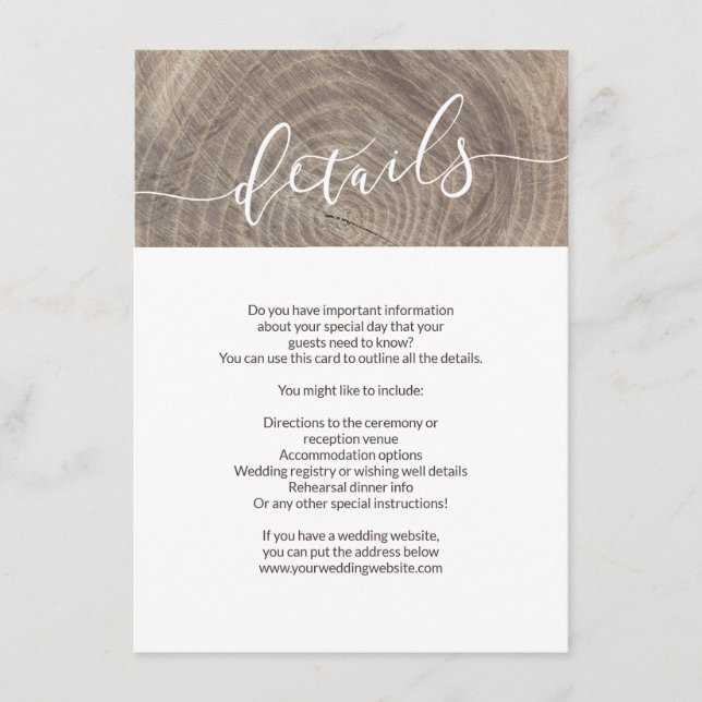 Details zur rustikalen Holzhochzeit Begleitkarte (Vorderseite)