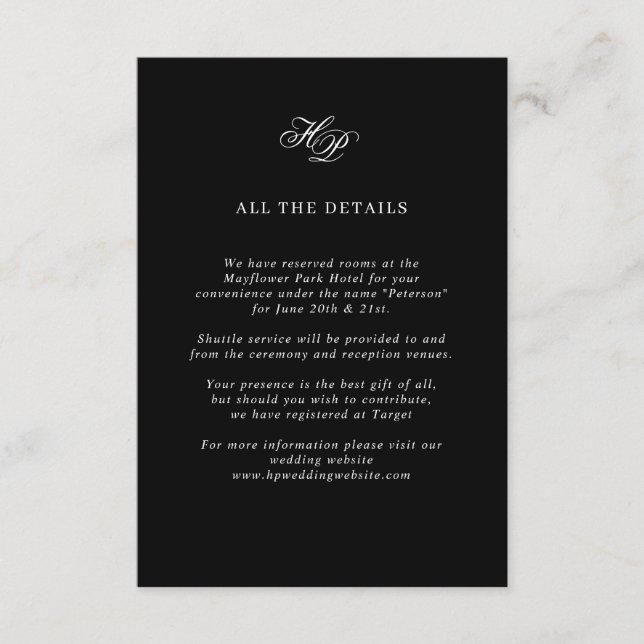 Details zur Schwarzen Hochzeit in Monogram-Skript Begleitkarte (Vorderseite)