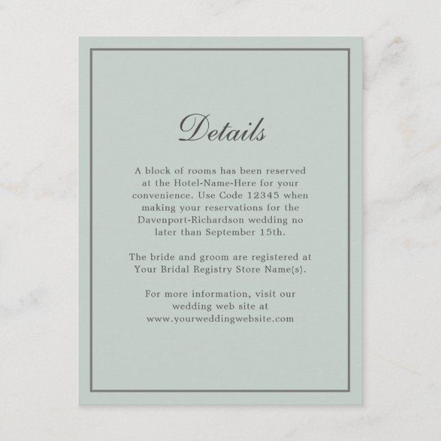 Details zur Seite Grün Elegant Hochzeitsinfo Begleitkarte (Vorderseite)