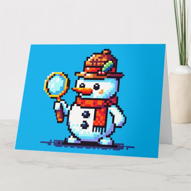 Detective Snowman - Funny Pixel Art Winter Mystery Karte (Vorderseite)