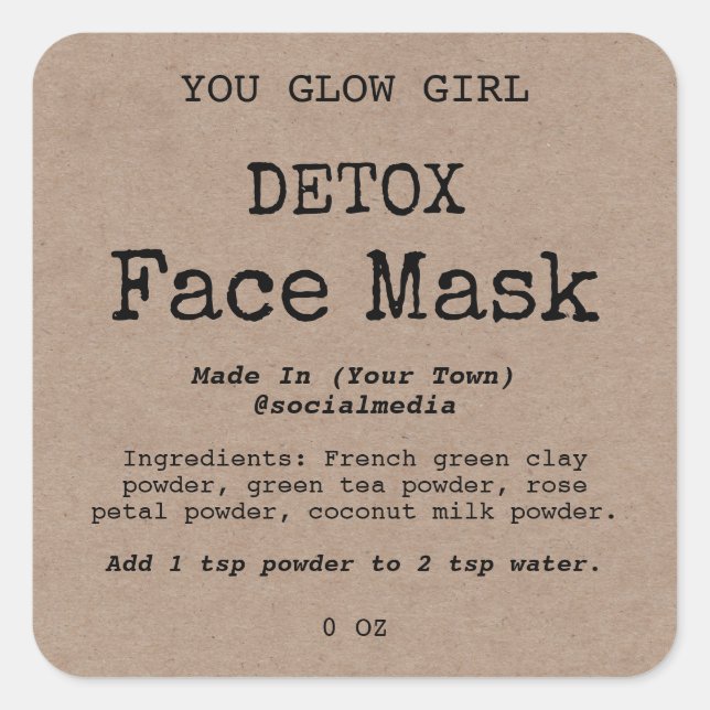 Detox Face Mask Powder Product Labels Quadratischer Aufkleber (Vorderseite)
