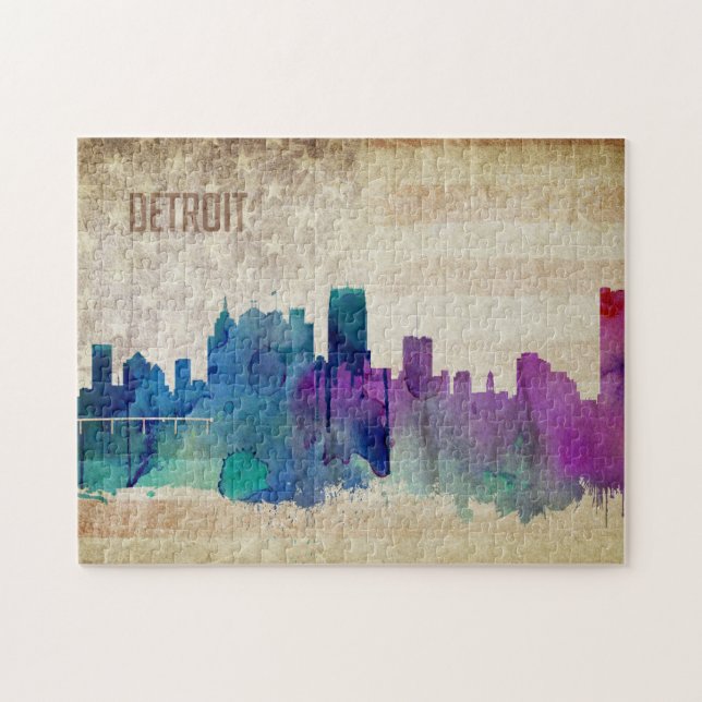 Detroit, Aquarell-Stadt-Skyline MI | (Horizontal)