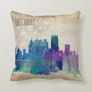 Detroit, Aquarell-Stadt-Skyline MI Kissen