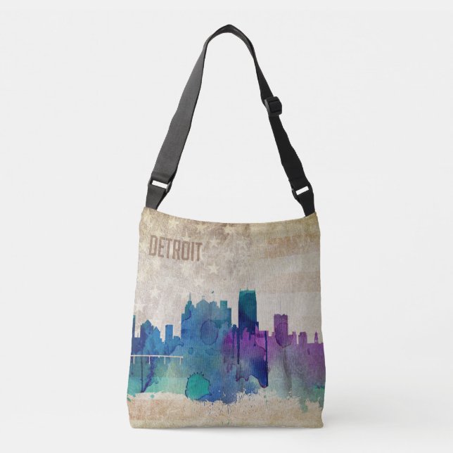 Detroit, Aquarell-Stadt-Skyline MI | Tragetaschen Mit Langen Trägern (Vorderseite)