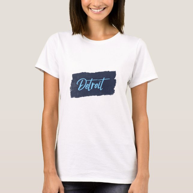 Detroit Handgeschriebene blaue Typografie T-Shirt (Vorderseite)