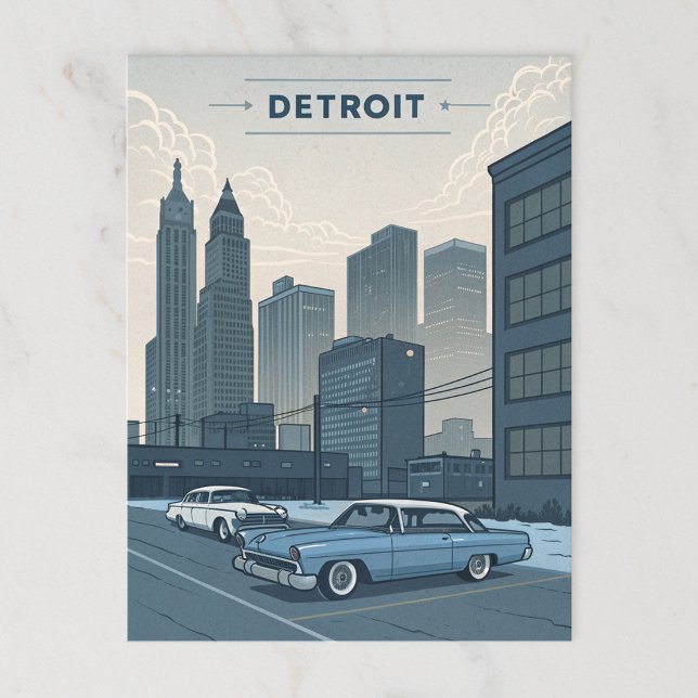 Detroit: Klassische Autos und urbane Skyline Illus Postkarte (Von Creator hochgeladen)