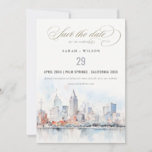 Detroit Michigan Aquarell-Landschaft-Hochzeit Save The Date