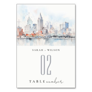 Detroit Michigan Aquarell-Landschaft-Hochzeit Tischnummer