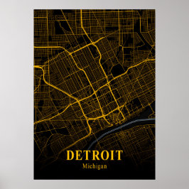 Detroit Michigan City Map Gold American Cities Map Poster