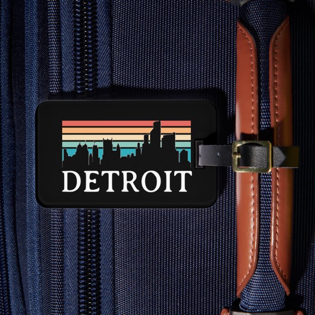 Detroit Michigan Retro Vintag Sunset Skyline Gepäckanhänger (Vorderseite Insitu 4)