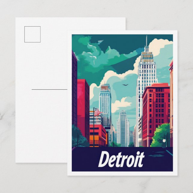 Detroit Michigan Vintage Travel Illustration Postkarte (Vorne/Hinten)