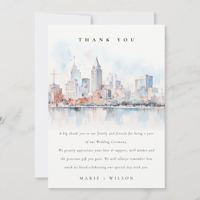 Detroit Michigan Watercolor Landscape Wedding Dankeskarte (Vorderseite)