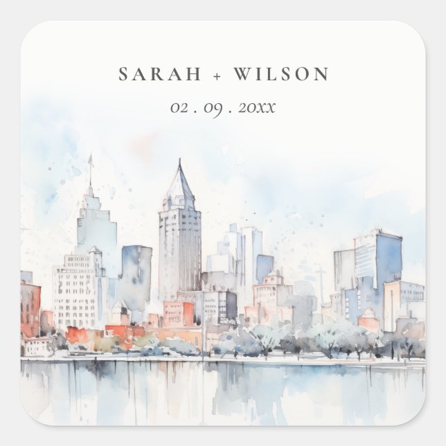 Detroit Michigan Watercolor Landscape Wedding Quadratischer Aufkleber (Vorderseite)