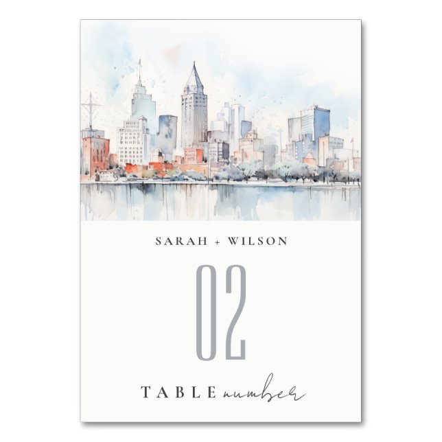 Detroit Michigan Watercolor Landscape Wedding Tischnummer (Vorderseite)
