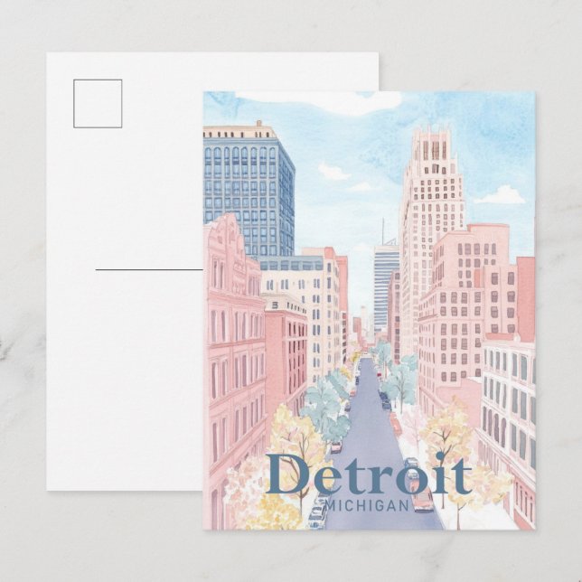 Detroit Michigan Watercolor Malerreise Postkarte (Vorne/Hinten)