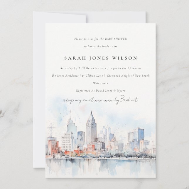 Detroit Michigan Watercolor Scape Baby Shower Einladung (Vorderseite)