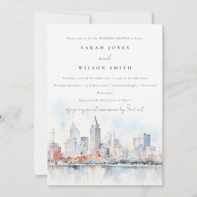 Detroit Michigan Watercolor Scape Wedding Shower Einladung (Vorderseite)