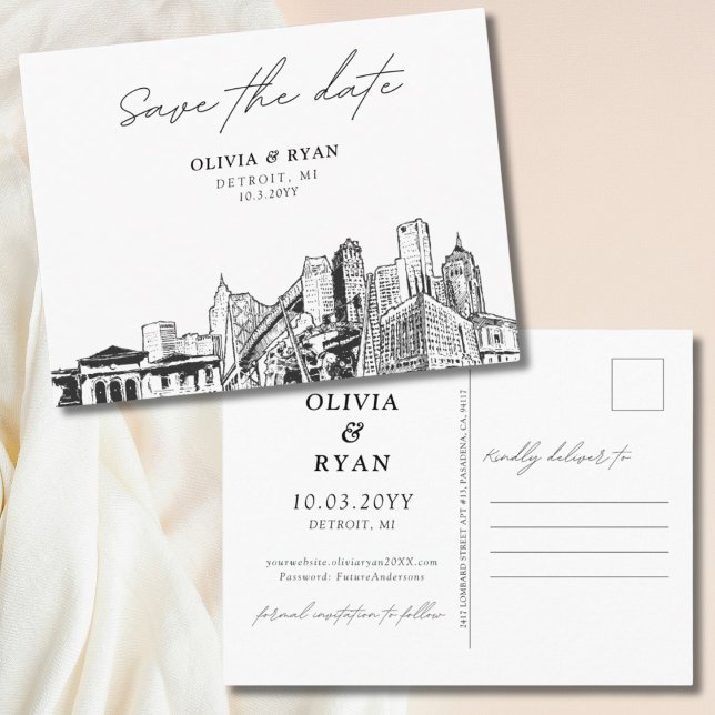 Detroit Save the Date Postcard für Hochzeiten Postkarte (Detroit Save the Date Postcard for Weddings)