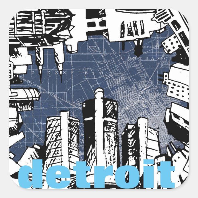 DETROIT-Skizze & Kartendesign eckige Aufkleber (Vorderseite)