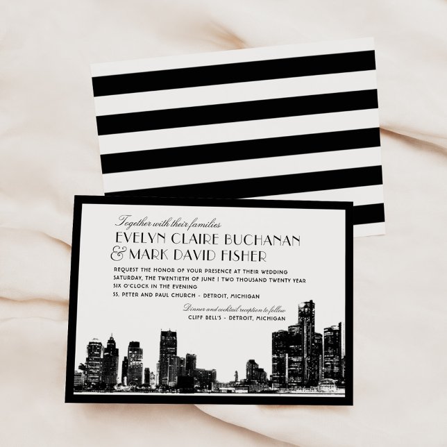 Detroit Skyline Black Art Deco Wedding Einladung (Von Creator hochgeladen)