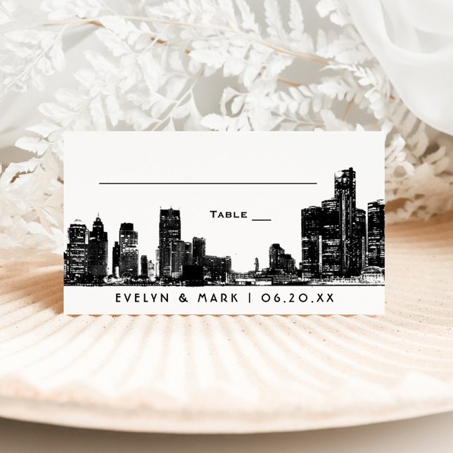 Detroit Skyline Black Art Deco Wedding Monogram Platzkarte (Von Creator hochgeladen)