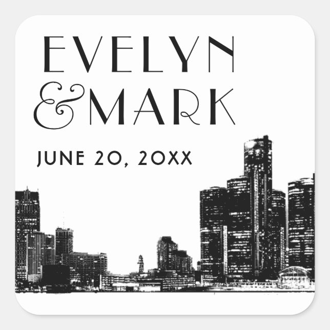 Detroit Skyline Black Art Deco Wedding Monogram Quadratischer Aufkleber (Vorderseite)