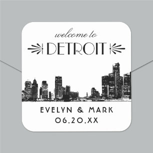 Detroit Skyline Black Art Deco Wedding Willkommen Quadratischer Aufkleber