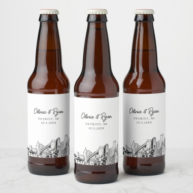 Detroit Skyline Personalisiert Bierflaschenetikett (Flaschen)