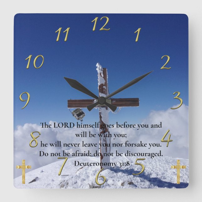 Deuteronomie 31:8 Berg Peakkreuz Quadratische Wanduhr (Vorderseite)