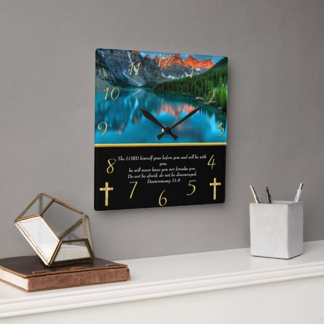 Deuteronomie 31:8 Klettersee Quadratische Wanduhr (Büro)