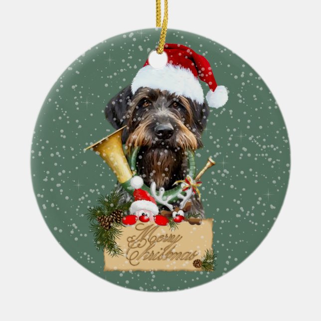 Deutsch Drahthaar, Frohe Weihnachten! Schaltfläche Keramik Ornament (Vorne)
