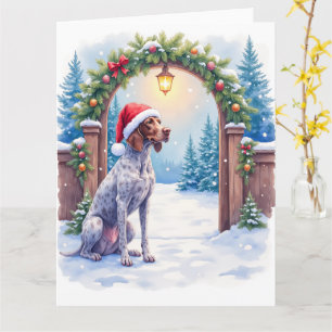Deutsch Drahthaar Hund mit Weihnachtsmannmütze am Karte