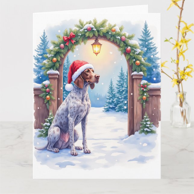 Deutsch Drahthaar Hund mit Weihnachtsmannmütze am  Karte (Gelbe Blume)
