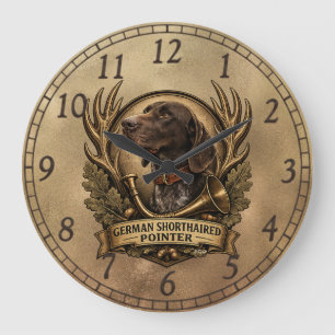 Deutsch Drahthaar, Jagdhorn Kunst Große Wanduhr