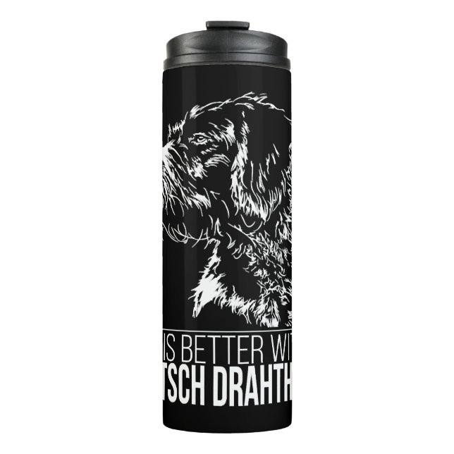 Deutsch Drahthaar Leben ist besser Hund Sprichwort Thermosbecher (Vorderseite)
