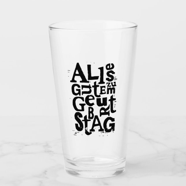 Deutsch "Happy Birthday" Lino Print Glass Cup Glas (Vorderseite)