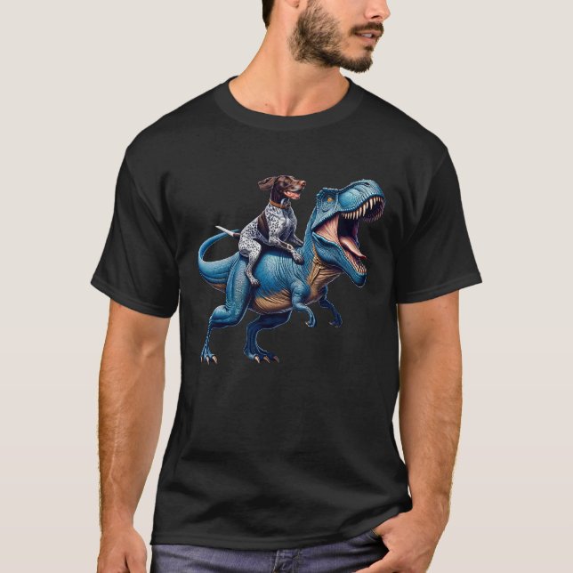 Deutsch Kurzhaar Pointer Riding Dinosaurier Funny T-Shirt (Vorderseite)