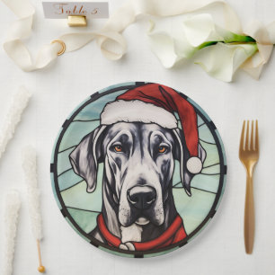 Deutsche-Dogge-Buntglas-Weihnachten Pappteller