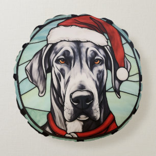 Deutsche-Dogge-Buntglas-Weihnachten Rundes Kissen