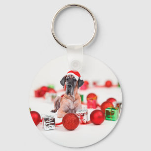 Deutsche Dogge mit Weihnachtsdekoration Geschenke Schlüsselanhänger