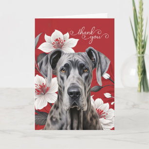 Deutsche Dogge mit weißen Lilien auf Rot Dankeskarte