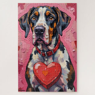 Deutsche Dogge versteckt sich hinter Valentins-Sch