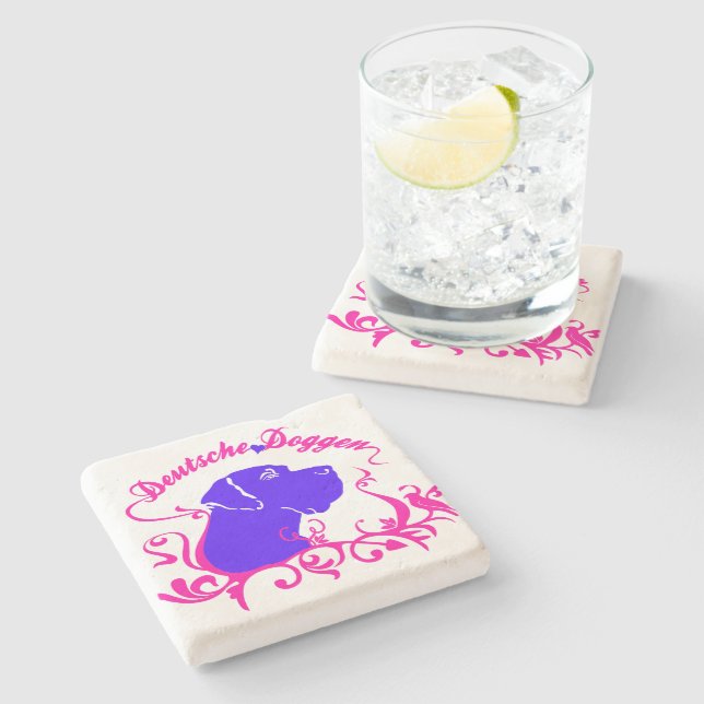 Deutsche Doggen Magenta Blaues Logo Steinuntersetzer (Seitenansicht)