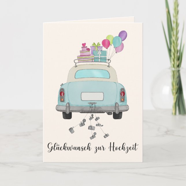 Deutsche Glückwunsch Hochzeit Blue Retro Car Karte (Vorderseite)
