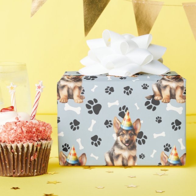 Deutsche Hirte Welppy Birthday Paw Print Geschenkpapier (Geburtstagsparty)